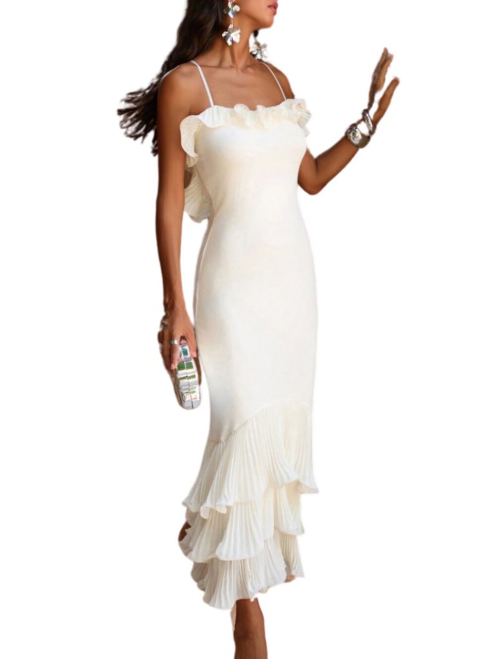 Cream Ruffle Trim Backless Mermaid Maxi Dress Boho Beach Vacation Party Sz M - Picture 6 of 10